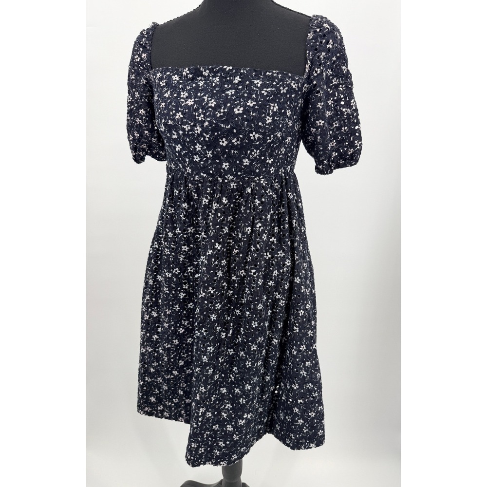 Maeve Anthropologie Eyelet Dress Women 4 Navy Blue Excellent Floral Puff Sleeve